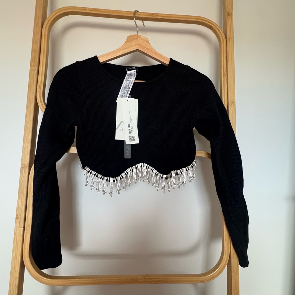 Zara Black Long Sleeve Top with Rhinestones NWT